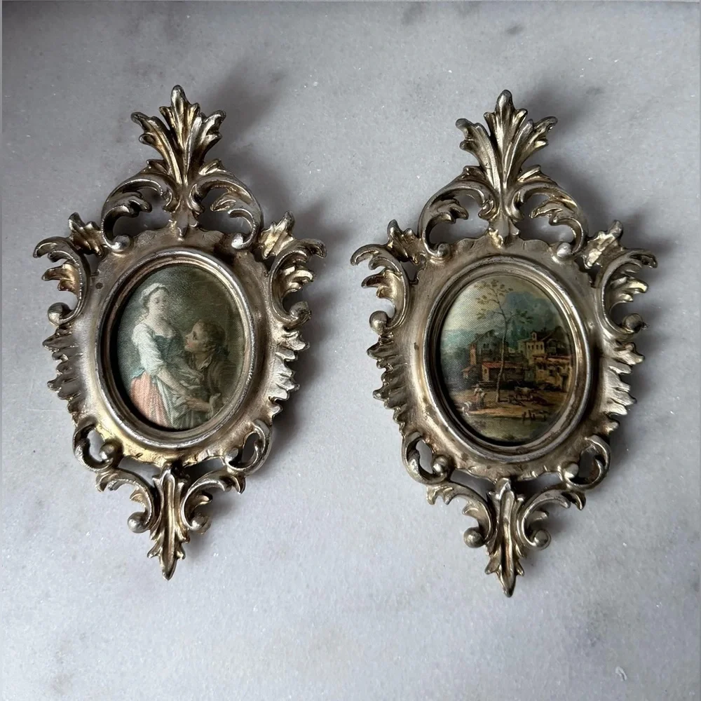 vintage Italian-style gilt gold framed silk prints